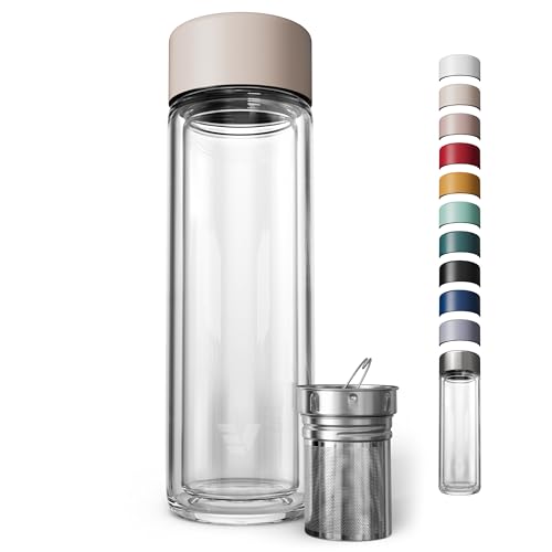EVER VESSEL Glass Multi Tea Infuser Bottle 14oz - Double Wall Borosilicate Glass Flask | No Plastic Touches Contents | Perfect for Office or Home - Black