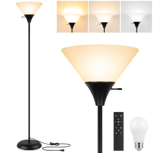 Black Floor Lamp with Remote & Dimmable LED Bulb - Modern Torchiere Standing Light
