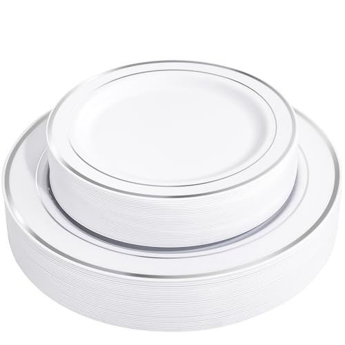 60PCS Silver Plastic Dinner and Dessert Plates Set - Disposable Heavy Duty Partyware Variation of 60 Silver