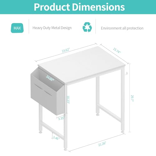Small White Study Desk 23.6 Inch for Kids Girls with Storage Bag & Headphone Hook