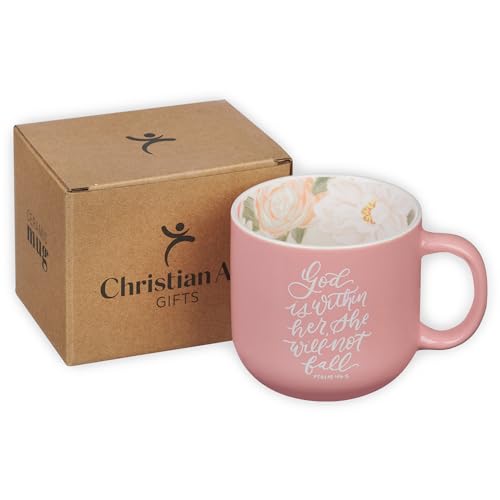God is Within Her Pink Floral Psalm 46:5 Ceramic Mug Pack of 2 - 14 oz, Microwave & Dishwasher Safe, Encouraging Gift for Women