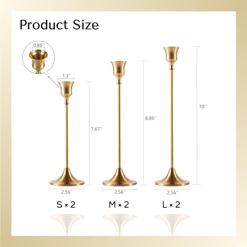 MENONEE ZT05 Brass Gold 6-Piece Candlestick Set - Taper Candle Holders for Mantel & Table Centerpieces