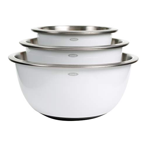 White Stainless Steel Mixing Bowl Set - 3-Piece Kitchen Prep Bowls with Non-Slip Bottoms