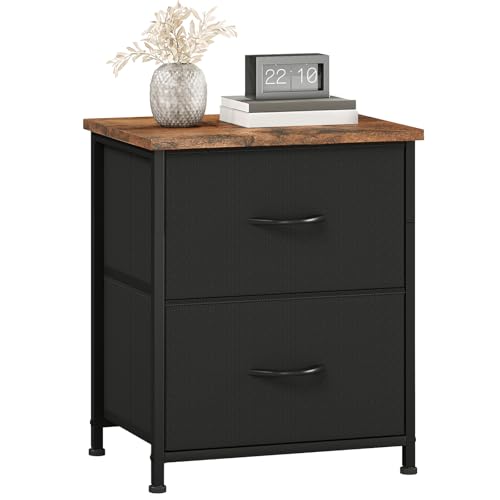 Small Nightstand with 2 Drawers - Rustic Black Bedside Table 16.5x11.8x19.7 Inches