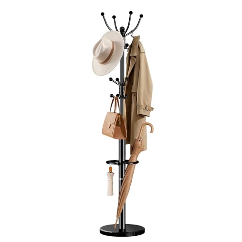 Heavy Duty Metal Coat Rack with Marble Base & 16 Hooks - Freestanding Umbrella Stand