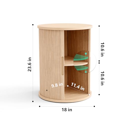 Oak Round End Table with Fluted Panel and Sliding Door - Mid Century Modern Boho Nightstand