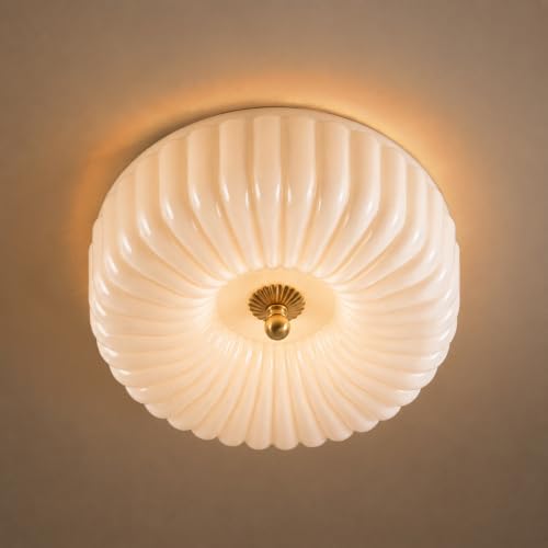 12-Inch Dimmable LED Milk Glass Ceiling Light - Gold Flush Mount, Sunflower Inspired, Remote Control