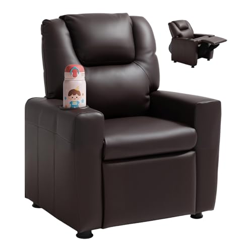 VEVOR Brown Kids Recliner with Cup Holder, Adjustable Backrest & Footrest, Toddler Reclining Chair for Ages 1-3