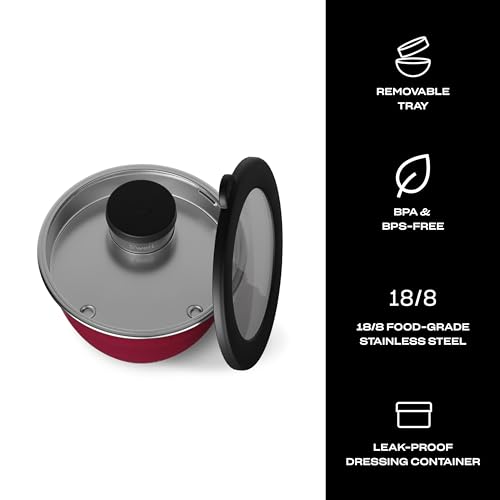 Stainless Steel Salad Bowl Kit 64oz with Leakproof Lid & Removable Tray - Wild Cherry Variation