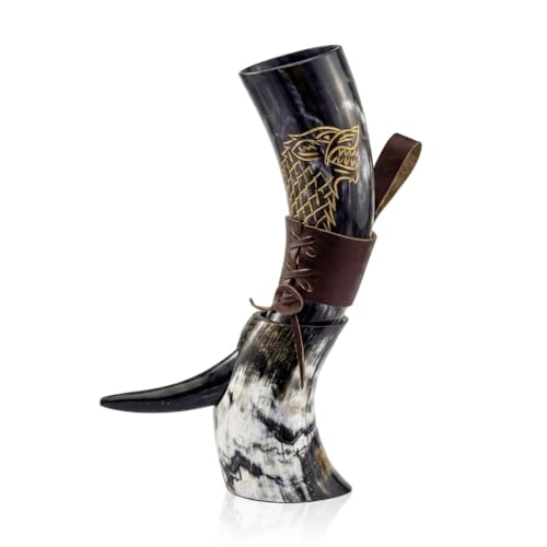 NORSE EMPIRE 12oz Genuine Ox-Horn Viking Drinking Horn with Stand & Leather Holster - Beer, Mead & Whiskey Tankard Gift