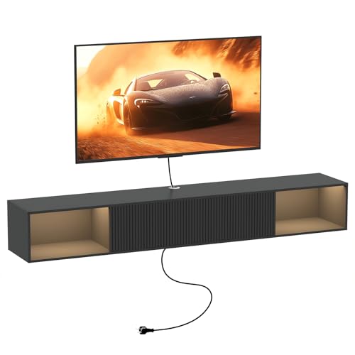 55-Inch Floating TV Stand with LED Lights and Storage - Black - Wall Mounted