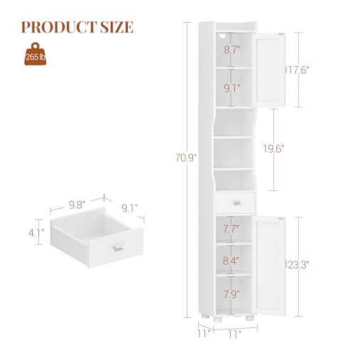 HEXCELEN Tall White Bathroom Storage Cabinet 11"D x 11"W x 70.9"H with Shelves