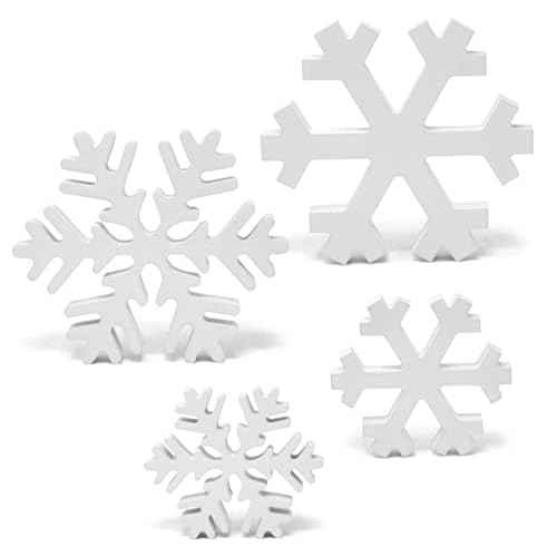 Gift Boutique 4 Christmas Winter Snowflakes Wooden Table Decorations Centerpiece Block Holiday White Snowflake Tiered Tray Tabletop Sign Decor for Office Dining Room Mantle Home Xmas Party Supplies