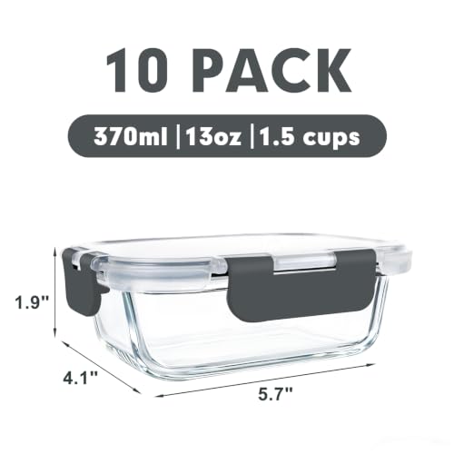 Glass Meal Prep Containers 13oz - 10 Pack with Airtight Lids, BPA-Free Borosilicate