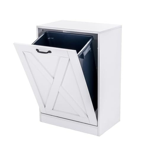White 13 Gallon Tilt-Out Trash Can Cabinet - Wooden Kitchen Waste Bin & Recycling Storage