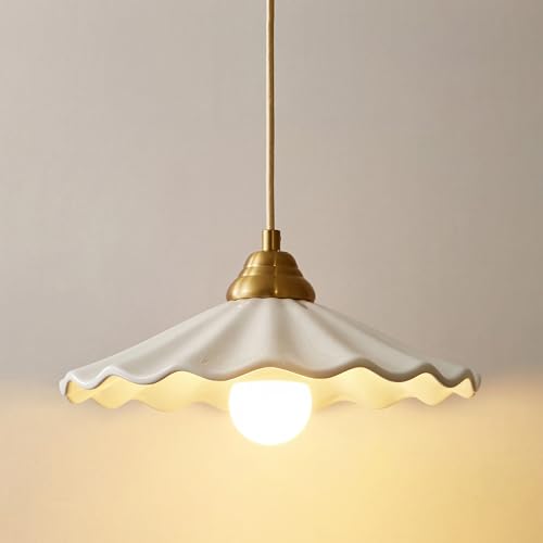 White Scalloped Ceramic Pendant Light, Vintage Kitchen Island Light