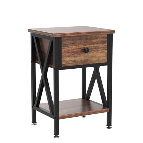 VECELO Vintage Brown Set of 2 Nightstands with Drawer & Storage Shelf - Industrial Bedside End Tables for Bedroom & Living Room