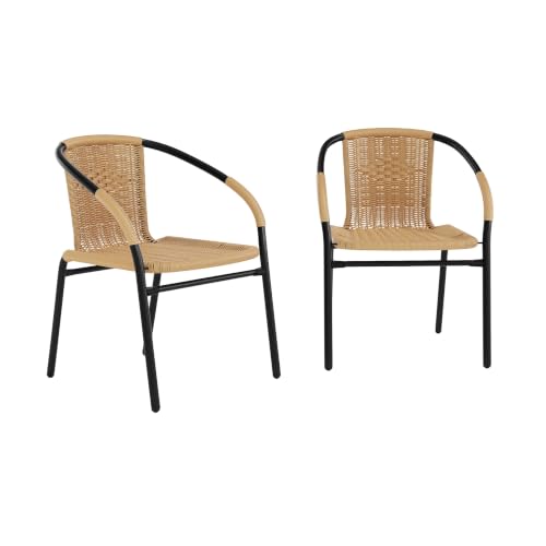 Beige Rattan Stackable Indoor-Outdoor Restaurant Chair Set of 2 - Contemporary Style