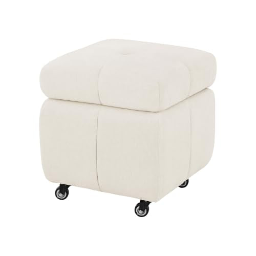 LUE BONA Beige Square Storage Ottoman with Wheels, 17.4L Tufted Foot Rest & Hidden Storage