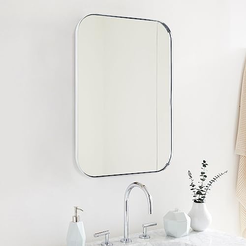 22x30 Inch Chrome Rounded Rectangle Bathroom Wall Mirror - Stainless Steel Frame, Vertical & Horizontal Hanging - Variation: Chrome / 30"L x 22"W