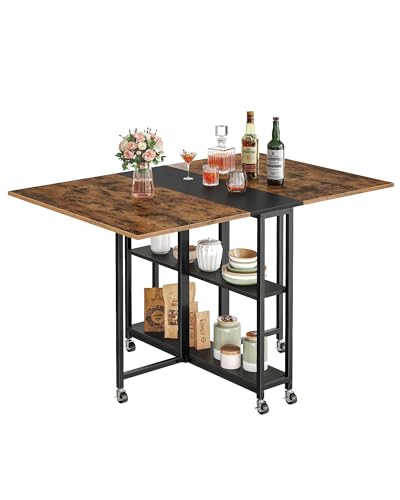 Folding Dining Table with Wheels & Two-Tier Shelf - Rustic Brown
