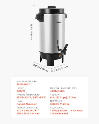 40-Cup Commercial Coffee Urn - 6.3 Qt Hot Beverage Dispenser, 1090W