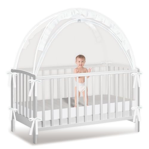 Large Mesh Baby Crib Tent - Climbing & Fall Prevention with Two-Way Zipper - White