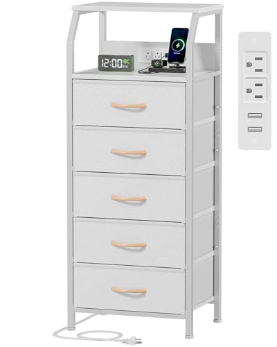 Furnulem 5-Drawer Dresser with Charging Station - White Nightstand