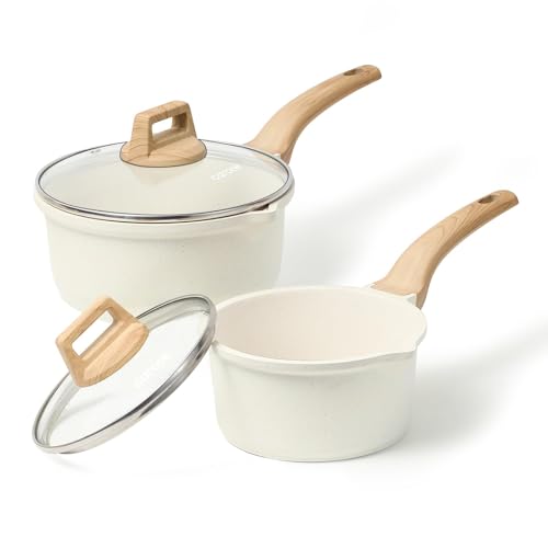 CAROTE Nonstick Saucepan Set 1.5Qt & 3.0Qt with Lid - White, Rivetless, Easy Clean