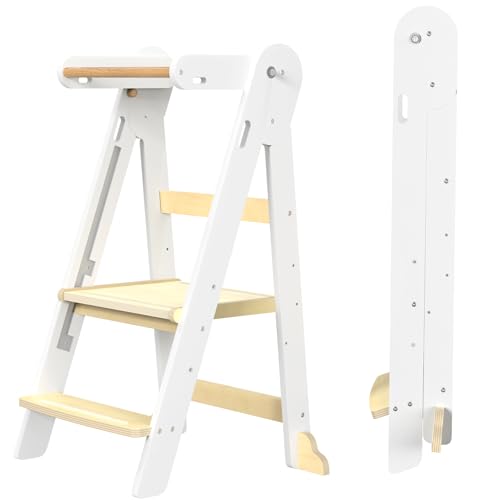 GROWNSY White Foldable Toddler Step Stool with Safety Lock & Compact Storage