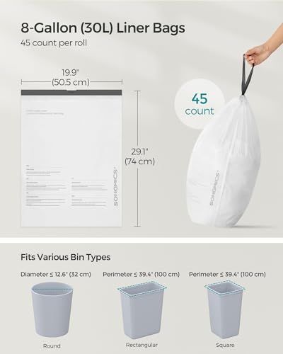 SONGMICS 8-Gallon Trash Bags Pack of 180, Heavy-Duty Leakproof Garbage Liners, 4 Rolls (30L, Bagged, 45 Count per Roll)