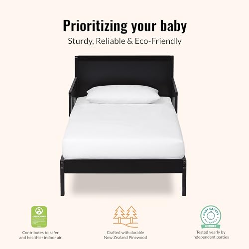 Toddler Bed with Safety Rails - Black, Low-to-Floor Design, Non-Toxic Pine Finish