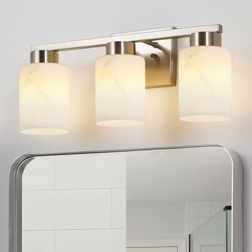 Brushed Nickel 3-Light Bathroom Vanity Light Fixture with White Marble Glass - Modern Wall Lamp