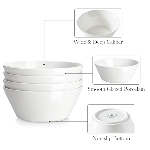Large Salad Soup Bowls Set of 4 - 60oz White Ceramic Bowls, Family Serving