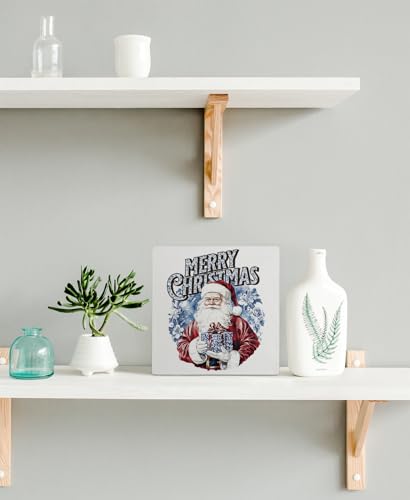 Kunlisa Blue and White Chinoiserie Christmas Santa Wooden Sign - Holiday Decor, 5x5 Inch