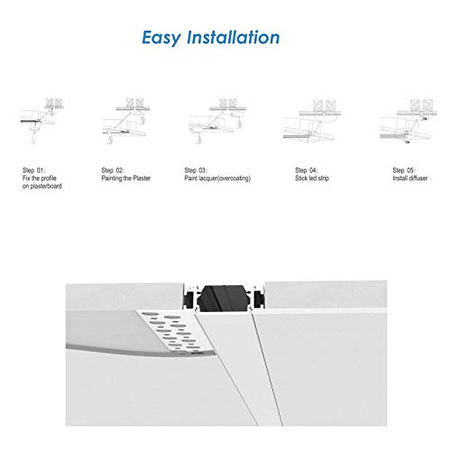 Besseto 6 Pack Plaster-in LED Aluminum Channel 2M/6.6FT for Wall and Ceiling Diffuser