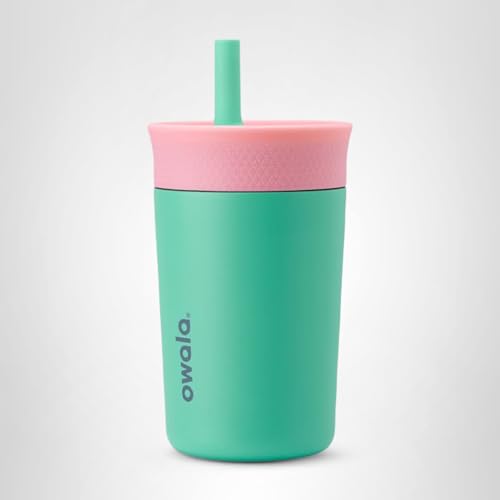 Owala Kids Insulation Stainless Steel Tumbler with Spill Resistant Flexible Straw, Easy to Clean, Kids Water Bottle, Great for Travel, Dishwasher Safe, 12 Oz, Pink and Teal (Real Cool Fish)