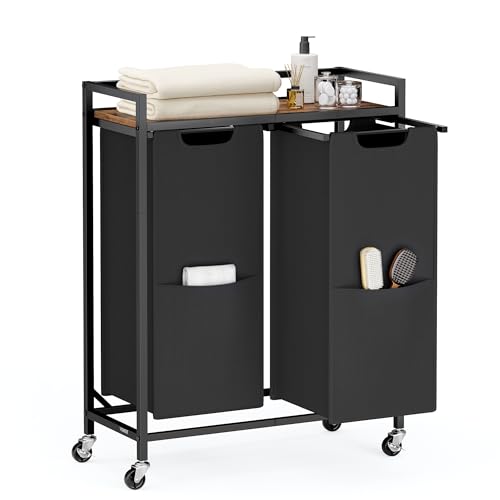 VASAGLE Laundry Sorter 2 Section, Rolling Cart with Shelf 29 Gal.