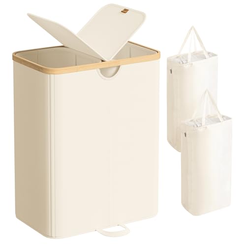 SONGMICS Cream White 150L Laundry Hamper with 2 Lids & 2 Compartments
