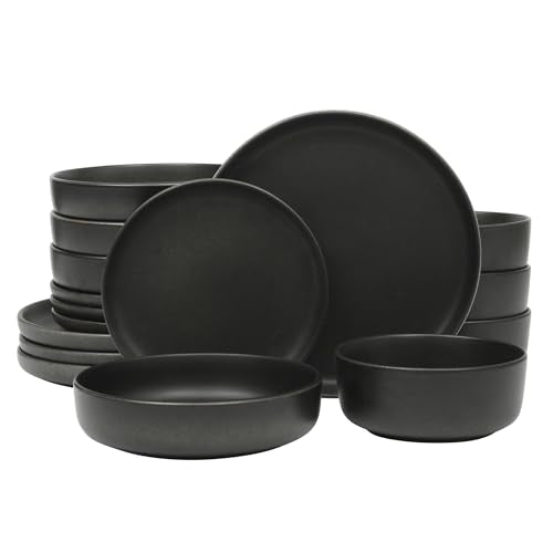 Gibson Elite Pasco 16-Piece Dinnerware Set for 4 Black Stoneware Plates & Bowls