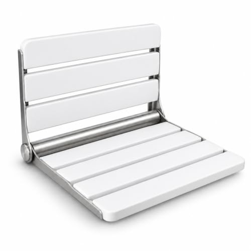 White 16-Inch Wall-Mounted Foldable Shower Seat - Teak Bench for Small Shower