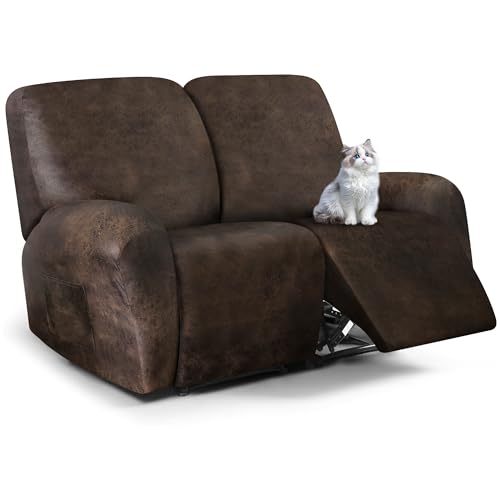 ANARACHON Brown 2-Seater Leather-Look Recliner Loveseat Cover, 6-Piece Stretch Slipcover