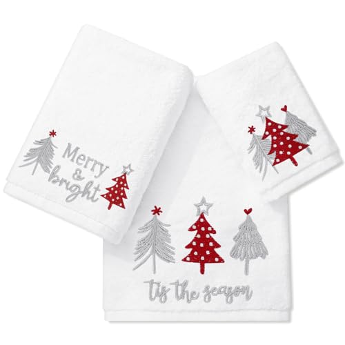 Red Christmas Bathroom Towels Set of 3 - Embroidered Cotton Holiday Hand & Face Towels