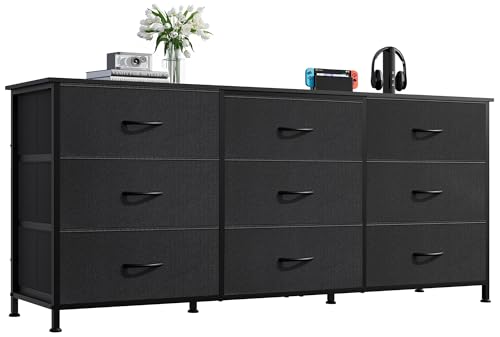 Black Large Size TV Dresser with 9 Fabric Drawers, 65 Inch Storage Console