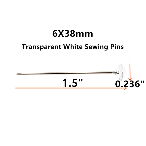 100Pcs Transparent White Sewing Pins, 38mm/1.5Inch Acrylic Diamond Head Pins Crystal Head Corsage Pins for Dressmaking Jewelry Components Flower Decoration