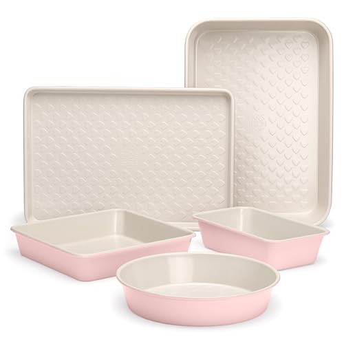 Paris Hilton 5-Piece Heart Pattern Bakeware Set - Pink Nonstick Pan Collection