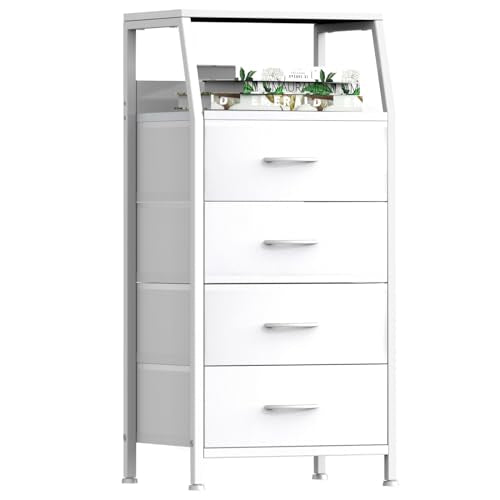 White Fabric Dresser with 4 Drawers - Tall Bedroom Storage Nightstand, 11.5 x 16.1 x 33.3 Inches