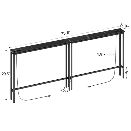 Narrow Console Table with Outlets - 78.8 Inch Black Sofa Behind Couch