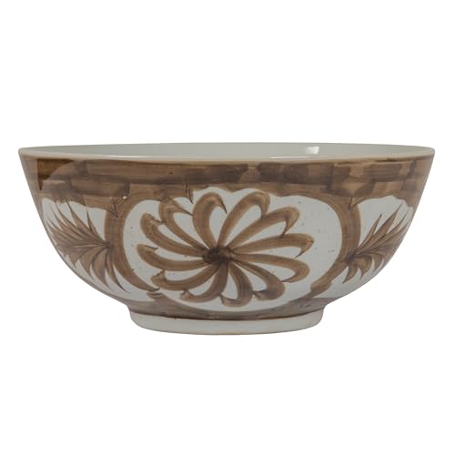 Creative Co-Op Hand-Painted Stoneware Fruit & Salad Bowl with Watercolor Floral Design, Brown, 14"