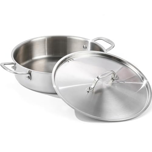 DELARLO 8 Quart Tri-Ply Stainless Steel Braiser Pan with Lid - Durable & Even Heating